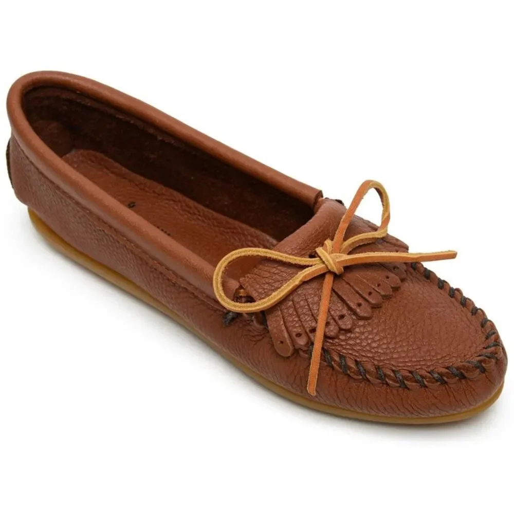 Minnetonka Womens Deerskin Kilty Tan Faux Leather Slip-On Loafers Shoes NWT